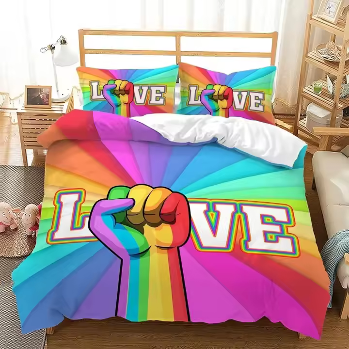 Funda de Edredón de Corazón Arcoiris Juego de Ropa de Cama Colorida a Rayas Ideal para Chicos - 1