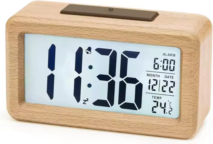 Reloj despertador digital, reloj de cabecera de madera con pantalla LCD retroiluminada grande, temperatura, función de repetición, sensor de brillo - 1