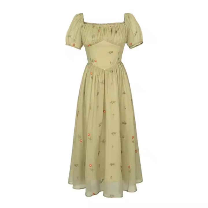 Vestidos de verano con mangas abullonadas para mujer, Vintage, dulce, Retro, estampado Simple, moda Preppy, Popular, para adolescentes, básico, elegante, cintura alta - 1