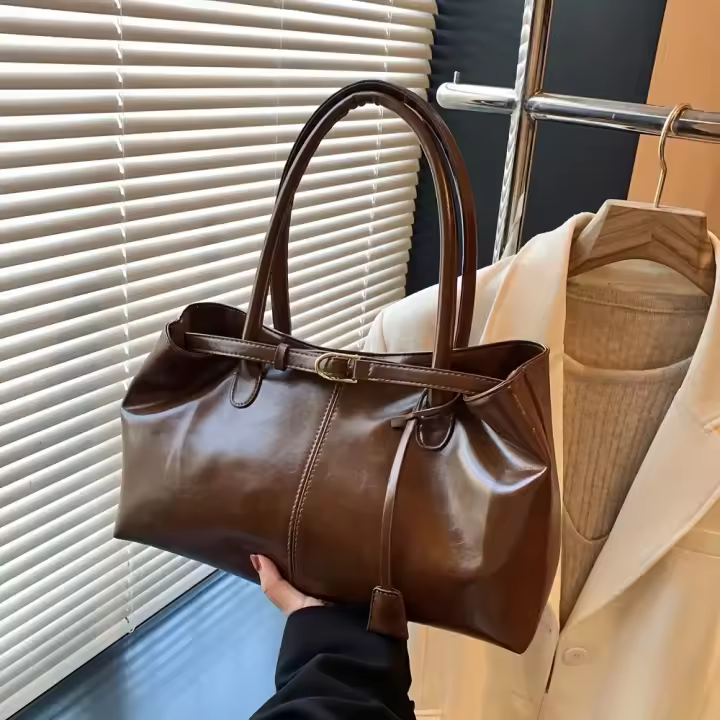 Bolso de mano vintage rojo para mujer con correa de hombro fija: gran capacidad, acabado texturizado, diseño casual y elegante para uso diario, bolso de mano diario |   Bolso Rojo Vintage |   Forro de poliéster duradero - 1