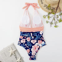 Bikini de una pieza para mujer, Bañador con estampado de flores, cuello en V profundo, ropa de playa sin espalda - details 6