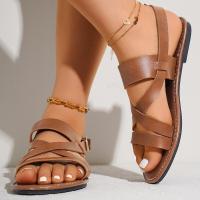 Sandalias planas para mujer, verano, punta redonda, color sólido, una tira con hebilla, talla grande, zapatos de mujer - details 2