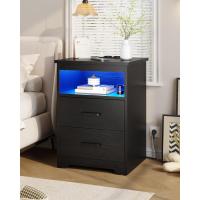 2 Piezas con Iluminación LED, Mesilla Noche con Estación Carga, Puertos USB, 2 Cajones, Mesa Sofá, para Dormitorio, Salón (Negro) - details 2