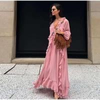 Vestido largo Irregular de gasa con volantes y escote en V profundo para mujer, Vestido holgado liso con mangas abullonadas elegantes, Vestido de calle alta para mujer 2025 - details 0