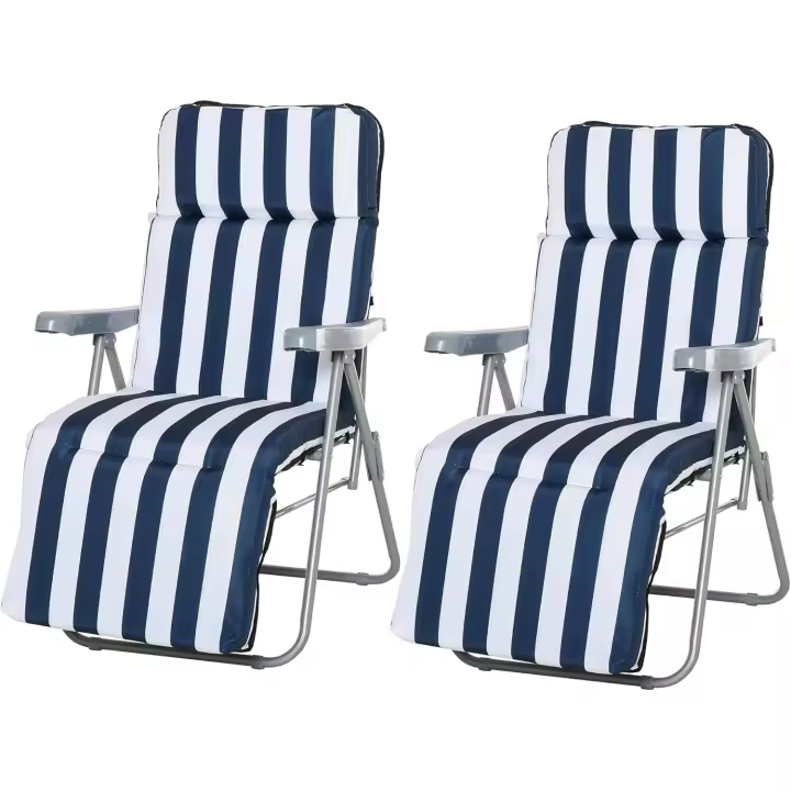 2 Tumbonas Plegables de Jardín Sillas de Gravedad Cero de Acero con Cojín Acolchado Respaldo Ajustable en 5 Posiciones y Reposapiés 60x75x50-102 cm Rayas Azul - 1