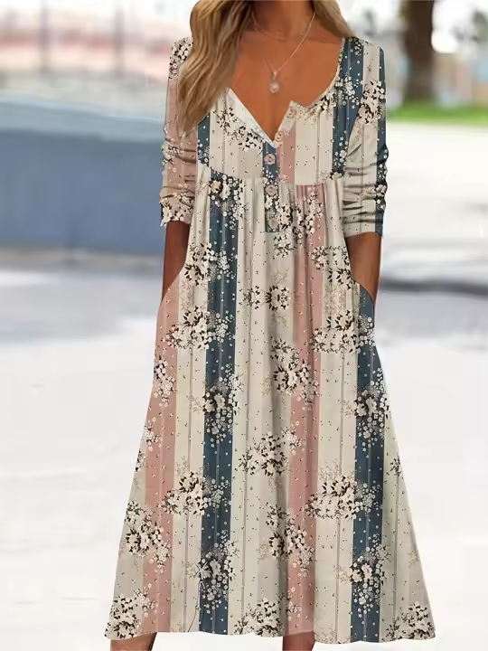 Vestido Casual de Manga Larga con Estampado Floral de Parche Moda Otoño 2024 para Mujeres - 1