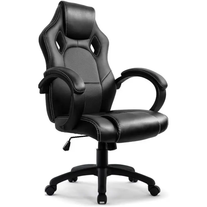 Silla de Juegos Ergonómica Altura Ajustable Diseño de Oficina Material de Cuero Negro - 1