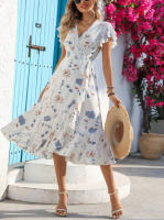 Vestido estampado con cuello en v de verano 2025, nueva falda de manga corta con borde de volantes europea y americana - details 3
