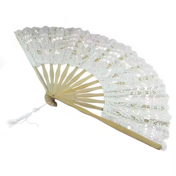 Abanico de mano plegable de encaje de algodón hecho a mano para decoración de fiesta, boda, novia (Beige) - 1