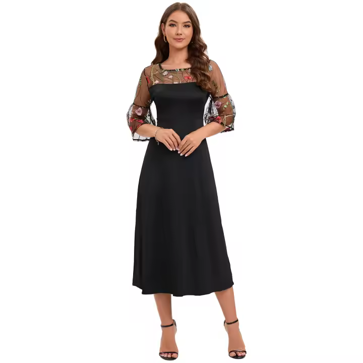 2025 Primavera/Verano Nueva falda larga de vestido bordado de encaje para mujer grande - 1