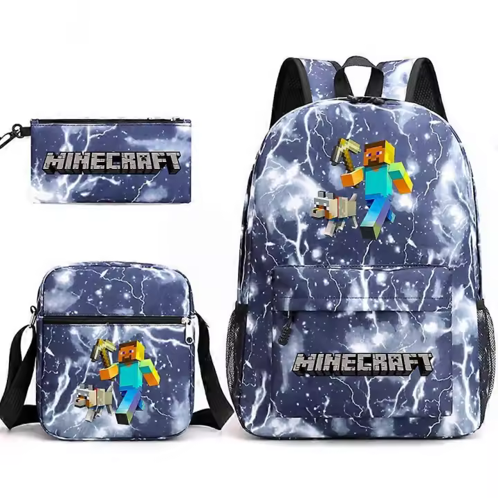 Minecraft My World Schoolbag Juego Periférico Estudiante Gran Capacidad Impreso Mochila Escolar De Tres Piezas Para Hombres Y Mujeres Lightning Blue ~4 - 1