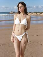 Traje de baño de dos piezas para mujer con cuello halter elegante, conjunto de bikini de color sólido, poliéster 95% elastano 5%, ligero estiramiento, peso de tela 20g/m², ropa de baño tejida - details 0
