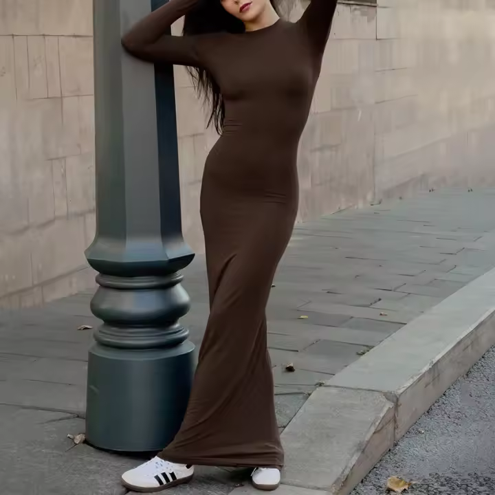 Vestido largo ajustado de punto marrón para mujer, nuevo estilo, otoño e invierno, moda - 1