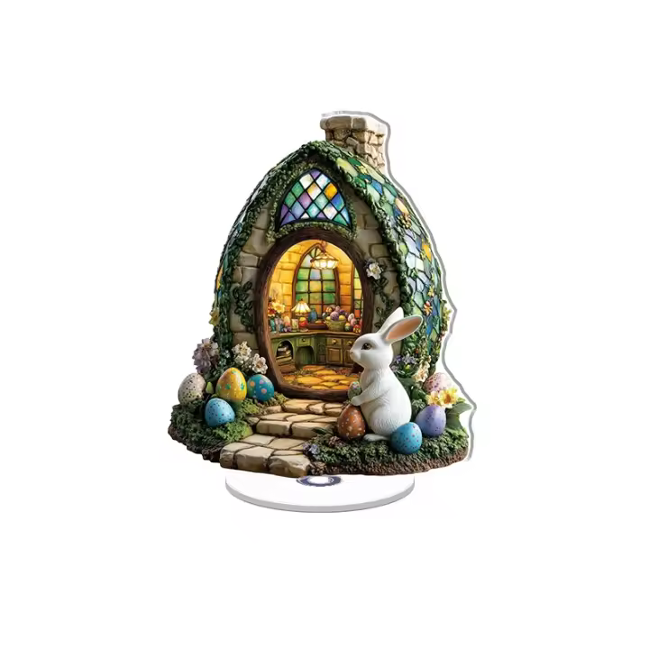 Adorno acrílico giratorio con una casa de huevos de Pascua de resina con vidrieras, un conejito blanco y una mesa iluminada rodeada de flores. - 1