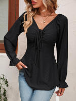 Blusa acampanada de manga larga con cuello en V para mujer, camiseta Sexy con cordón en la cintura, Tops elegantes para primavera y otoño, 2023 - details 23