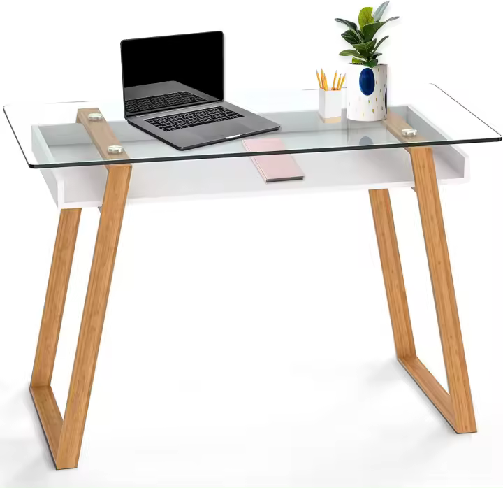 Centro Rectangular, de Vidrio y Madera con Bandeja para Revistas, Mesa de Centro Baja para Salón y Oficina. - 1