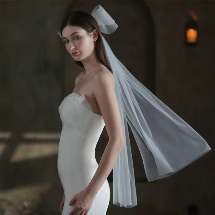 Accesorios de boda para mujer, velo blanco nupcial exquisito, velo de matrimonio de tul de dos capas con lazo de perlas de red dura - 1