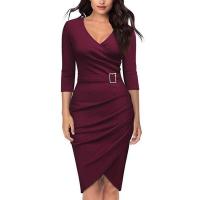 Vestido de tubo irregular de cintura alta elegante con cinturón y manga 3/4 de color sólido formal de verano para mujer rojo - details 9