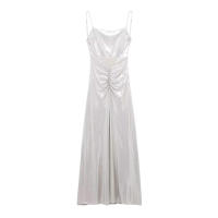 Vestido de noche para mujer con tirantes de lámina metálica, sólido, informal, sin mangas, elegante, fruncido, sin espalda, forrado - details 2