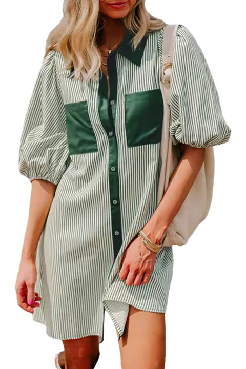 Elrachen Vestido de mujer con botones y manga corta abullonada, verde, tallas S-XL - 1