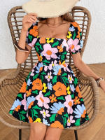 Vestido corto con manga farol y falda para la playa estampada con cuello en V novedad de verano 2025 para mujer - details 4