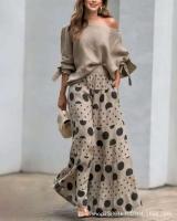 Conjunto Casual de Pantalón para Mujer Top de Hombro Descubierto, Mangas de Farol, Estampado de Punto Pantalones de Pierna Ancha - details 3