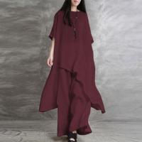 Conjunto deportivo informal de 2 piezas de lino y algodón para mujer, Top largo de manga corta con cuello redondo, estilo coreano de talla grande - details 6