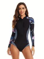Traje de baño de una pieza para mujer, con mangas largas, cierre frontal con cremallera, estampado floral, cuerpo de surf, estilo - details 0