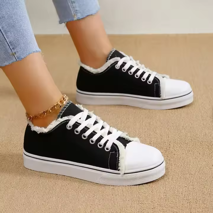 Zapatillas de lona vulcanizadas para mujer, zapatos planos de corte bajo con cordones, color blanco roto, primavera y otoño - 1