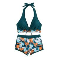 Bikini abierto con estampado de hojas retro en talla grande, conjunto de traje de baño de dos piezas con correas estables para mujer - details 104