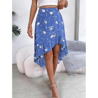 Primavera europea verano americano Casual Floral hoja de loto borde falda asimétrica mediana y larga - details 5