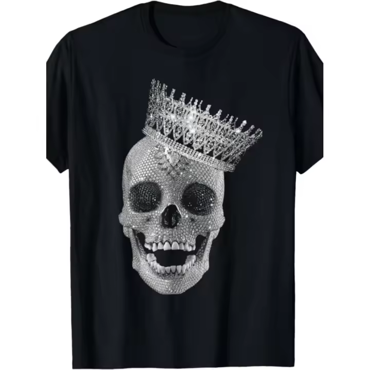 Camiseta gráfica Skull Queen Crown de inspiración vintage para hombre, 100% algodón, manga corta, cuello redondo en negro con estampado de diamantes - 1