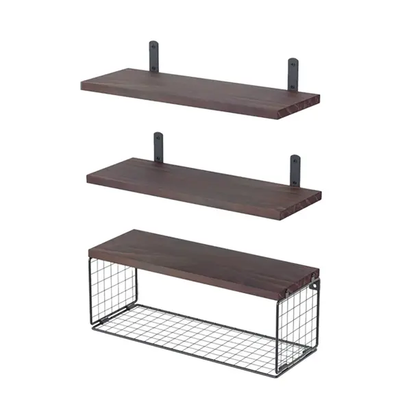 Estantes de baño sobre inodoro, estantes flotantes de pared para baño con cesta de alambre, estante para decoración de pared de madera - 1