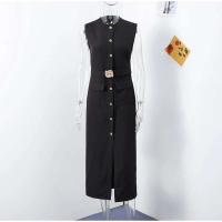 Vestidos elegantes lisos de un solo pecho con cuello redondo sin mangas y bolsillos vestido a media pierna ajustado para oficina para mujer verano 2025 - details 0