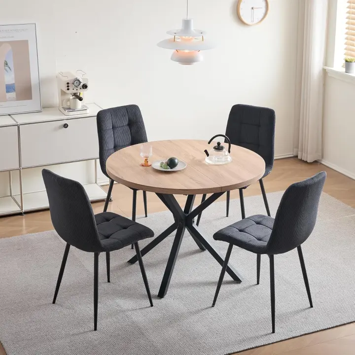 Juego de Comedor de Mesa Redonda 100cm con 4 Sillas Conjunto de Mesa y Sillas de Comedor, Cocina y Salón (Madera Oscura+Marrón Claro (PU)) - 1