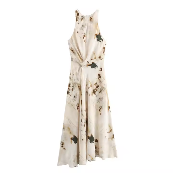Vestido Largo Francés Chic Moda Verano Asimétrico con Estampado de Cuello Redondo sin Mangas - 1