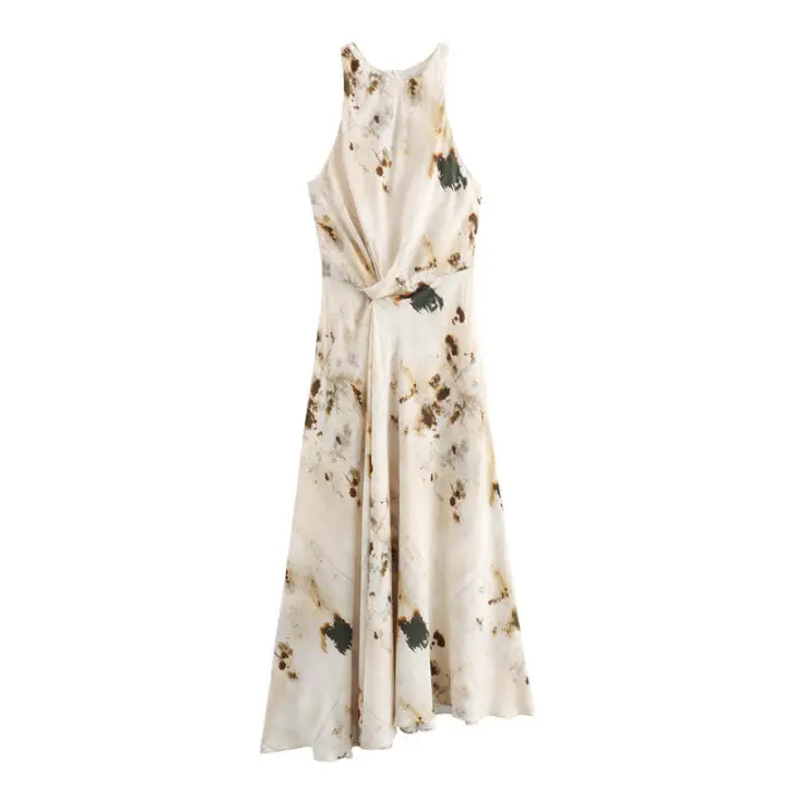 Vestido Largo Francés Chic Moda Verano Asimétrico con Estampado de Cuello Redondo sin Mangas - 1