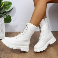 Botas de cuero de imitación de fondo grueso para mujer, Zapatos de tacón grueso Blanco, Otoño e invierno - details 5