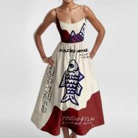 Verano Boho mujer moda pescado y camarón estampado cuello en U cintura plisada con tirantes grandes vestido Maxi Vestidos - details 2