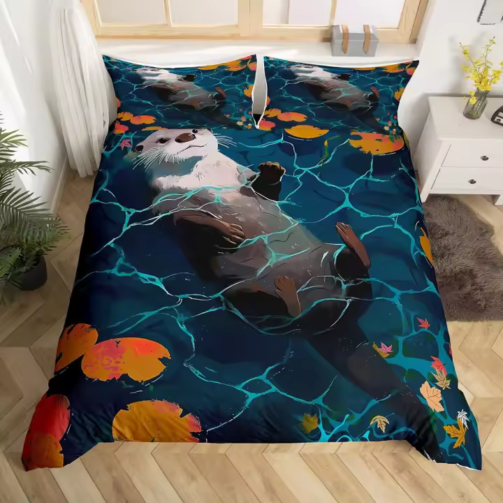 Juego de cama de nutrias con funda de edredón de 3 uds., juego de edredón con temática de vida marina oceánica, 3 uds. - 1