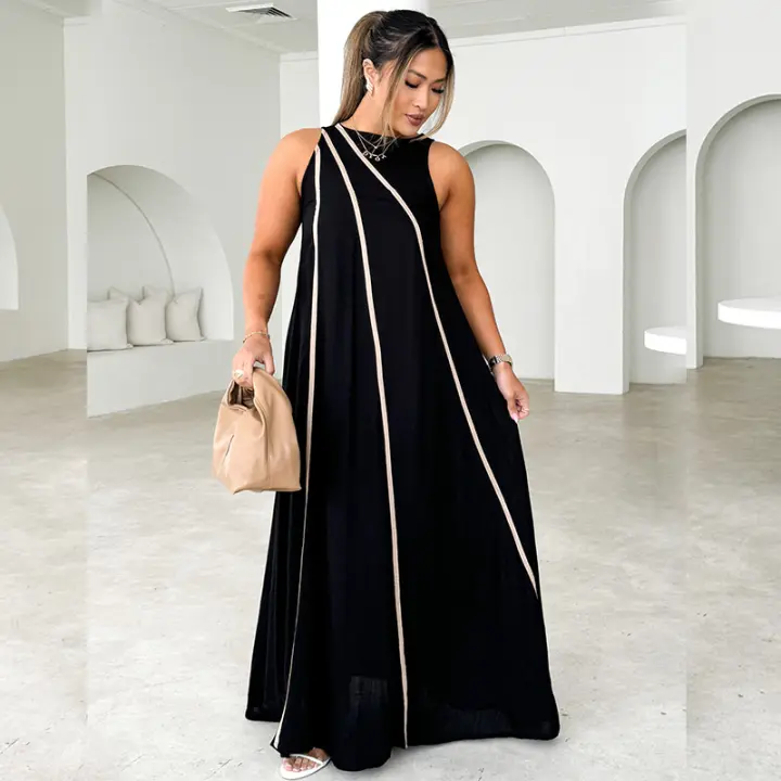 Vestido Holgado Sin Mangas a Rayas de Color Sólido Simple para Mujer Moda 2025 - 1