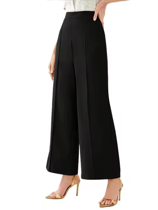 Pantalones de vestir coreanos elásticos cómodos y elegantes de cintura alta anchos de pierna recta marrón para mujer - 1