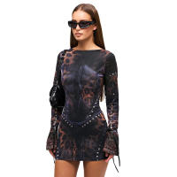 Vestido corto ajustado de manga larga con estampado de posicionamiento de moda para mujer F24DS269 - details 4