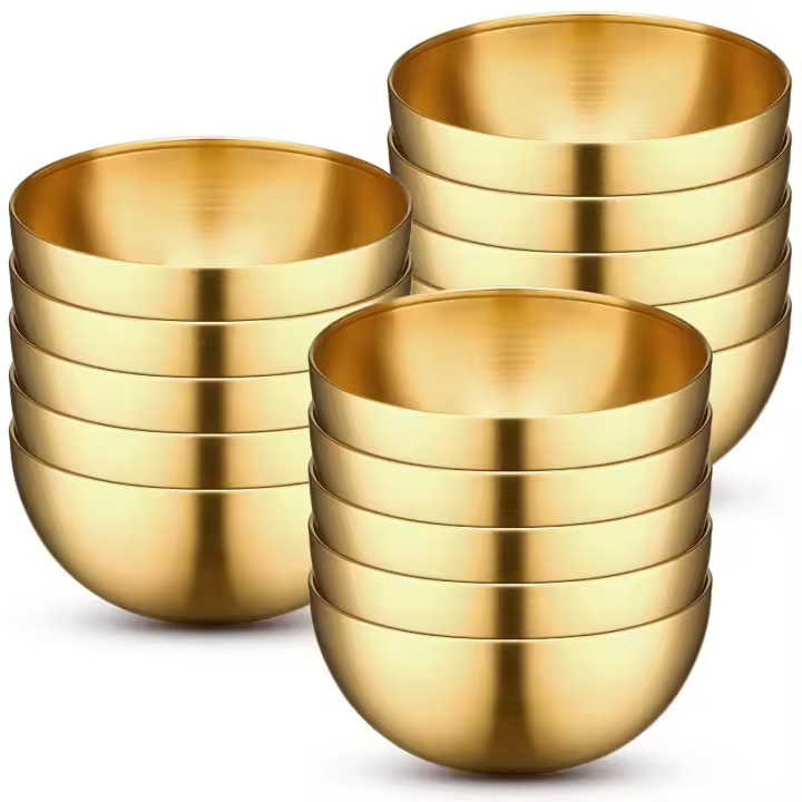 15 tazones dorados para mezclar, tazón de sopa de acero inoxidable de metal para cocina, ensalada de frutas, aperitivos, cereales, fideos, azúcar facial, servir, cocinar, preparar para hornear - 1