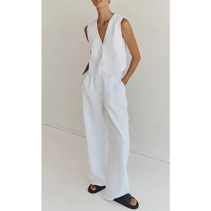 Conjunto Casual de Moda para Mujer verano 2025 Traje de Algodón y Cáñamo con Pantalones de Pierna Ancha Conjunto Vestido - 1