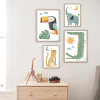 Póster de dibujos animados de animales de la selva, león, elefante, decoración nórdica para habitación de niños, pintura en lienzo para dormitorio de bebé, decoración artística de pared para guardería - details 3