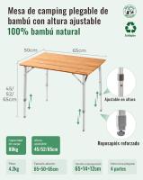 Mesa de Camping Plegable de bambú de 100 x 72 cm para 4 a 6 Personas, Marco Estable de Aluminio, 3 Alturas Ajustables con Bolsa de Transporte para jardín, Picnic, Camping - details 29