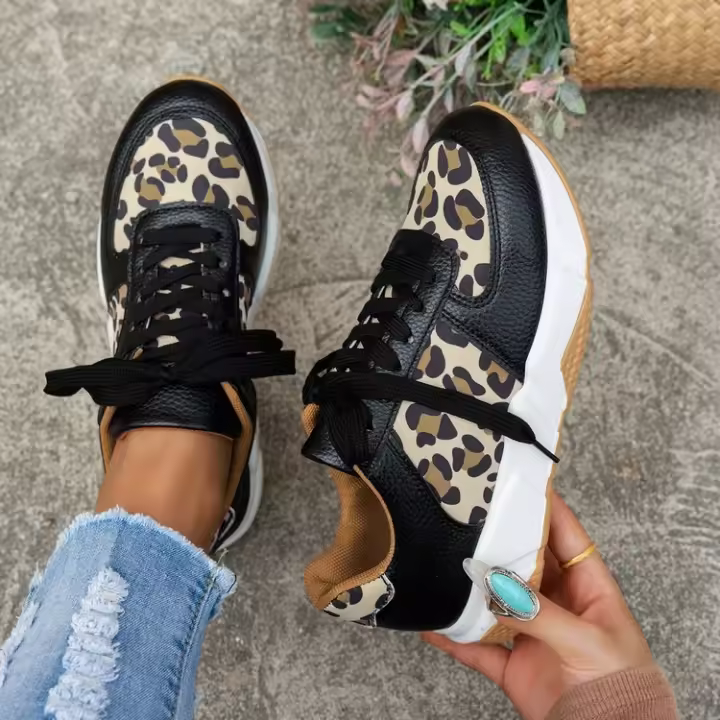 Primavera otoño nuevo patrón de leopardo grande individual para mujer zapatos deportivos y casuales con cordones de fondo plano - 1