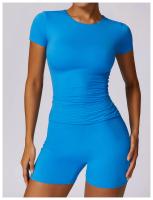 Conjunto de Yoga Sin Costuras para Mujer 2 Piezas Traje de Gimnasio con Top Corto de Manga Corta y Shorts para Correr Ropa Deportiva Activa Material Exterior de Nylon - details 2