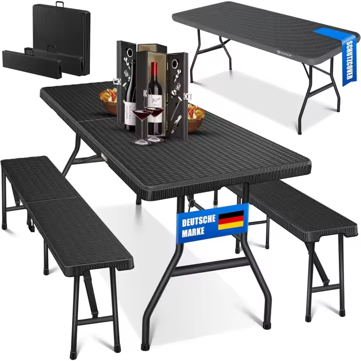 Juego de 3 Piezas, Mesa + Banco 2X, Mesa Plegable, Plástico, Juego de jardín con Aspecto de ratán/Plegable, Asas de Transporte, 73x180x75 cm - 1